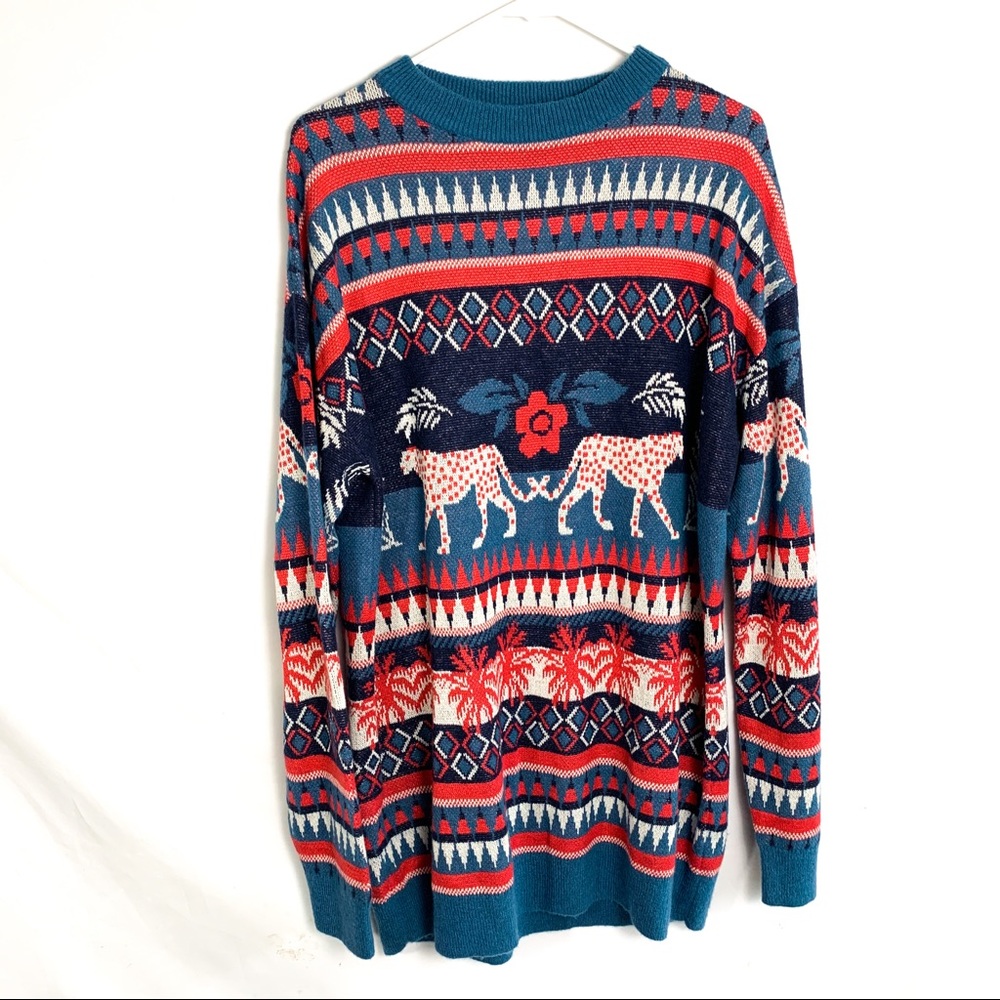 THE RAIL Fair Isle spotted leopards and leafy palm trees Crewneck Sweater